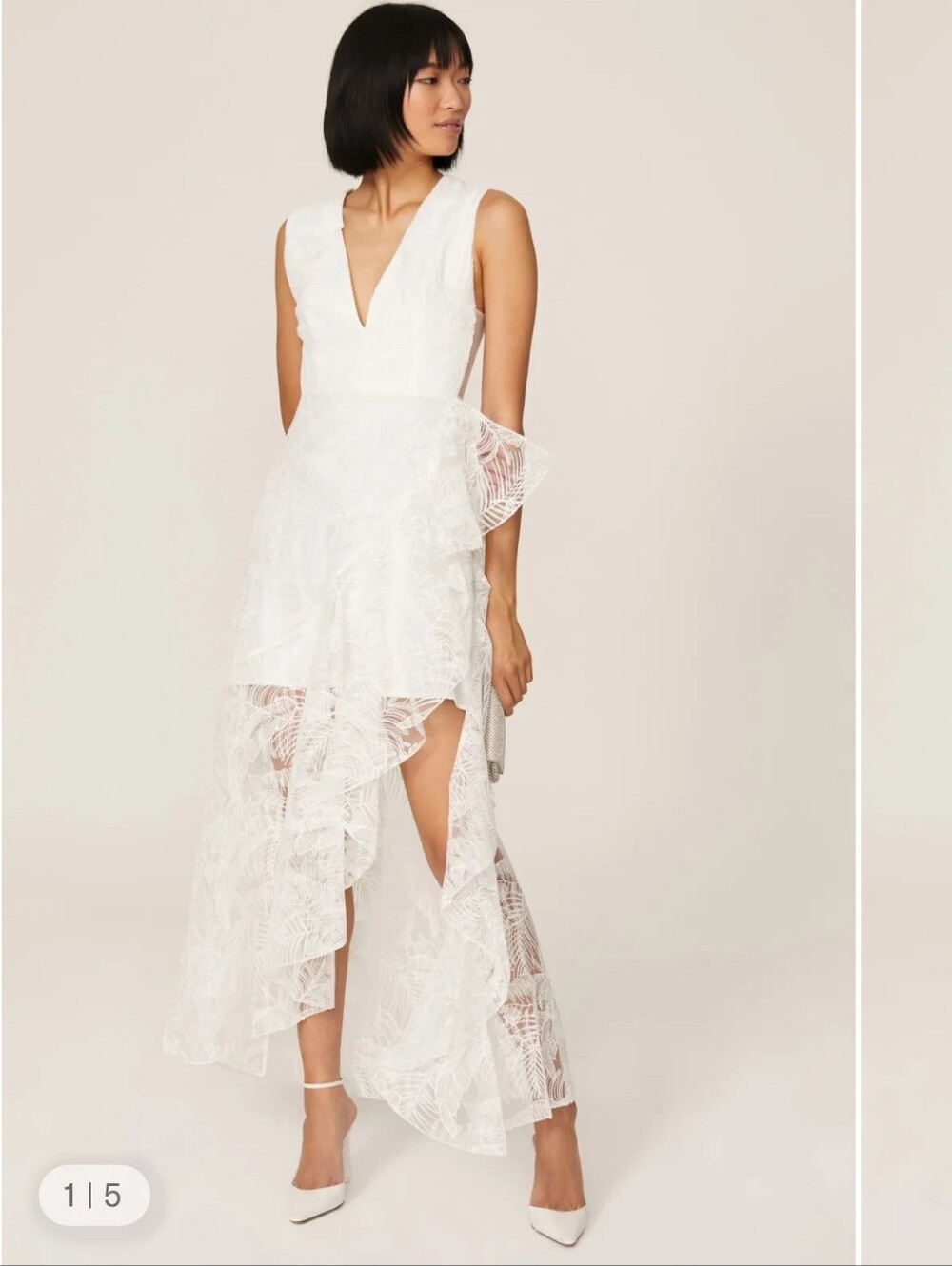 One33 Social White Embroidered Lace Dress Asymetrical Ruffle Hem Bridal Size 8